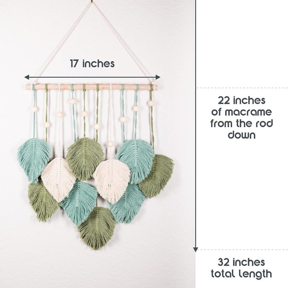 Macrame Boho Indie Farmhouse Teal/Blue/Green/Cream Feather Wood Bead Wall Decor - Picture 6 of 8